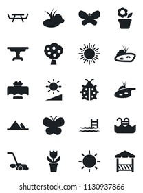 Set of vector isolated black icon - sun vector, flower in pot, lawn mower, butterfly, lady bug, pond, picnic table, brightness, pool, fruit tree, mountains, restaurant, alcove