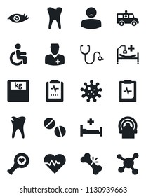 Set of vector isolated black icon - heart pulse vector, stethoscope, diagnostic, scales, pills, tomography, ambulance car, hospital bed, disabled, tooth, caries, eye, broken bone, clipboard, doctor