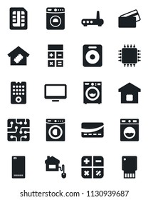 Set of vector isolated black icon - washer vector, calculator, monitor, speaker, phone back, sim, smart home, credit card, control, chip, remote, router, usb flash