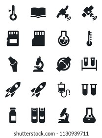 Set of vector isolated black icon - book vector, blood test vial, dropper, microscope, ampoule, joint, satellite, sd, thermometer, rocket, flask