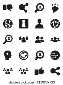 Set of vector isolated black icon - female vector, team, brainstorm, network, share, group, finger up, down, user, client search, consumer, social media