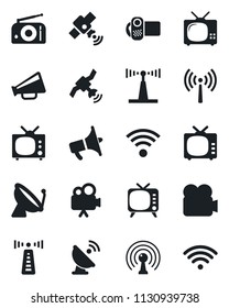 Set of vector isolated black icon - antenna vector, satellite, radio, loudspeaker, tv, video camera, wireless