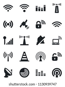 Set of vector isolated black icon - antenna vector, wireless notebook, border cone, radar, satellite, equalizer, mute, cellular signal, lock