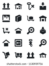 Set of vector isolated black icon - baggage trolley vector, cargo, warehouse storage, up side sign, no, hook, package, search, scanner, blank box