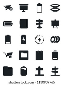 Set of vector isolated black icon - notepad vector, presentation board, wheelbarrow, signpost, battery, low, folder, charge, plates, guidepost