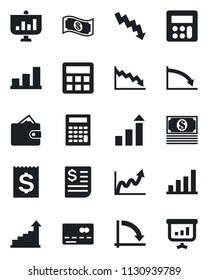 Set of vector isolated black icon - credit card vector, growth statistic, crisis graph, receipt, calculator, bar, wallet, cash, presentation
