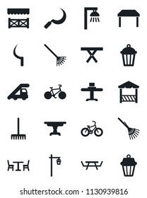 Set of vector isolated black icon - cafe vector, ladder car, rake, sickle, garden light, picnic table, bike, restaurant, alcove, outdoor lamp