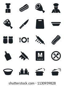 Set of vector isolated black icon - cook vector, cafe, menu, bacon, salt and pepper, ham, bowl, rolling pin, cutting board, knife, steaming pan