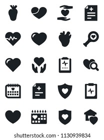 Set of vector isolated black icon - heart vector, pulse, diagnosis, diagnostic, shield, hand, real, medical calendar, clipboard, sweet home