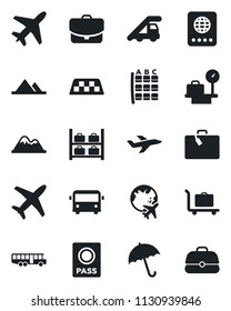 Set of vector isolated black icon - plane vector, taxi, suitcase, baggage trolley, airport bus, umbrella, passport, ladder car, seat map, luggage storage, scales, globe, mountains, case