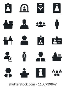 Set of vector isolated black icon - female vector, reception, manager, identity card, place, patient, user, desk, estate agent, pass, group