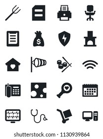 Set of vector isolated black icon - wind vector, document, money bag, farm fork, fireplace, monitor pulse, stethoscope, heart diagnostic, clipboard, cargo, protect, wireless, calendar, office phone