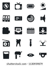 Set of vector isolated black icon - ticket vector, radar, calendar, caries, eye, radio, speaker, tv, video camera, mail, download, brightness, compass, battery, paper binder, tie, water supply, web