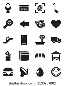 Set of vector isolated black icon - escalator vector, waiting area, left arrow, water drop, heart, diagnostic, cash, car delivery, heavy scales, satellite antenna, phone back, blank box, sale, ladle