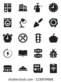 Set of vector isolated black icon - alarm clock vector, book, stamp, trowel, lady bug, pumpkin, garden sprayer, traffic light, charge, news, desk lamp, office building, washer, cafe, reception