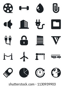 Set of vector isolated black icon - fence vector, airport bus, barrier, office building, water drop, barbell, reel, speaker, rca, folder, paper clip, pie graph, lock, city house, power plug, clock