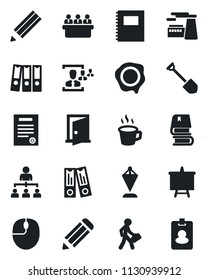 Set of vector isolated black icon - hierarchy vector, pennant, office binder, mouse, presentation board, meeting, job, factory, pencil, stamp, coffee, copybook, hr, paper, contract, manager, book