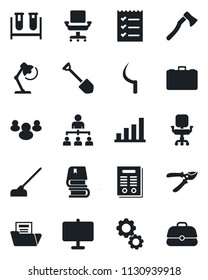 Set of vector isolated black icon - hierarchy vector, case, job, pruner, hoe, sickle, axe, blood test vial, group, presentation board, bar graph, document folder, office chair, checklist, desk lamp
