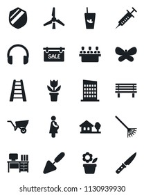Set of vector isolated black icon - desk vector, flower in pot, trowel, rake, ladder, wheelbarrow, butterfly, bench, syringe, pregnancy, shield, headphones, meeting, house with tree, windmill, sale