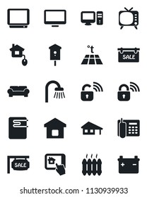 Set of vector isolated black icon - bird house vector, tv, monitor, office phone, with garage, sale, bathroom, cushioned furniture, heater, smart home, control, wireless lock, water, pc, app