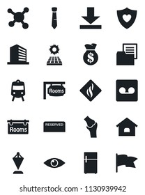 Set of vector isolated black icon - train vector, office building, pennant, heart shield, eye, joint, molecule, folder document, record, download, tie, house, sun panel, rooms, reserved, fridge