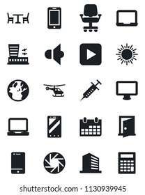 Set of vector isolated black icon - cafe vector, sun, helicopter, airport building, mobile phone, office, notebook pc, calendar, syringe, speaker, cell, monitor, laptop, play button, camera, door