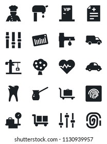 Set of vector isolated black icon - baggage trolley vector, luggage scales, drip irrigation, heart pulse, diagnosis, caries, car delivery, cargo, barcode, settings, tuning, fingerprint id, crane