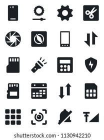 Set of vector isolated black icon - mobile vector, phone back, menu, camera, protect, settings, calculator, sd, sim, calendar, data exchange, torch, mute, brightness, cut, compass, eye id