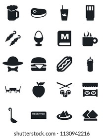 Set of vector isolated black icon - serviette vector, menu, reserved, drink, phyto bar, coffee, beer, egg stand, candle, cafe table, dress code, alcove, steak, kebab, hamburger, hot dog, ladle