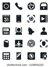 Set of vector isolated black icon - mobile vector, phone back, call, user, calculator, stopwatch, bell, record, network, calendar, download, compass, lock, face id, eye, fingerprint, video, battery