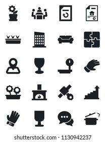 Set of vector isolated black icon - growth statistic vector, document reload, glove, seedling, navigation, satellite, fragile, heavy scales, dialog, application, meeting, estate, cushioned furniture