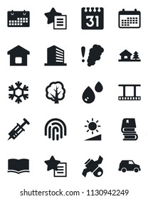 Set of vector isolated black icon - office building vector, book, tree, syringe, satellite, film frame, favorites list, calendar, brightness, fingerprint id, house with, smart home, snowflake, water