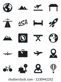 Set of vector isolated black icon - runway vector, departure, suitcase, plane, luggage scales, picnic table, bike, navigation, earth, pin, route, compass, mountains, bedroom, rocket, air balloon