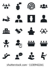 Set of vector isolated black icon - escalator vector, male, baby, reception, handshake, speaking man, meeting, hospital, patient, client, speaker, user, fingerprint id, hr, estate agent, group