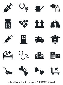 Set of vector isolated black icon - medical room vector, watering can, lawn mower, bird house, stethoscope, syringe, pills, bottle, ambulance car, hospital bed, lungs, broken bone, up side sign