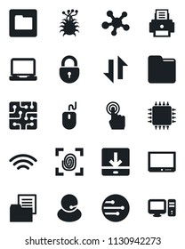 Set of vector isolated black icon - lock vector, mouse, virus, support, folder document, tv, touch screen, laptop pc, share, network, data exchange, download, wireless, printer, chip, fingerprint