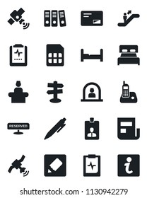 Set of vector isolated black icon - escalator vector, reception, identity card, pen, pulse clipboard, signpost, satellite, radio phone, mail, sim, notes, news, paper binder, bedroom, reserved