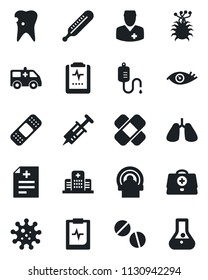 Set of vector isolated black icon - doctor case vector, diagnosis, syringe, dropper, thermometer, pills, patch, tomography, ambulance car, lungs, caries, eye, pulse clipboard, hospital, virus, flask