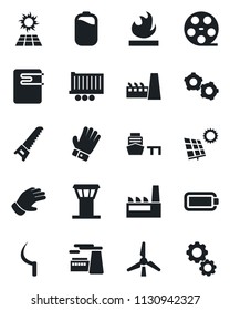 Set of vector isolated black icon - airport tower vector, gear, factory, glove, saw, sickle, truck trailer, sea port, flammable, reel, battery, sun panel, windmill, water heater