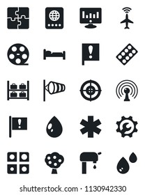 Set of vector isolated black icon - plane radar vector, passport, bed, wind, luggage storage, statistic monitor, water drop, pills blister, ambulance star, important flag, reel, antenna, application