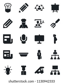 Set of vector isolated black icon - ladder car vector, hierarchy, presentation board, pencil, garden fork, pregnancy, microphone, news, hr, manager, cook, bowl, bulb