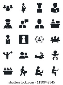 Set of vector isolated black icon - dispatcher vector, female, baby, speaking man, meeting, manager place, doctor, pregnancy, group, hr, estate agent, waiter, cook, palm sproute, with notebook