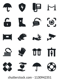 Set of vector isolated black icon - fence vector, security gate, glove, boot, hose, patch, heart hand, umbrella, protect, eye id, lock, intercome, water filter, surveillance, palm sproute