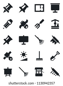 Set of vector isolated black icon - presentation board vector, drawing pin, garden fork, shovel, rake, well, satellite, brightness, pencil, plan, rolling