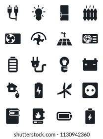Set of vector isolated black icon - bulb vector, ripper, battery, rca, charge, heater, air conditioner, fridge, home control, socket, power plug, water, warm floor, windmill