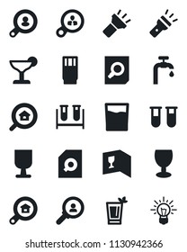 Set of vector isolated black icon - document search vector, blood test vial, fragile, torch, water supply, estate, client, wine card, drink, cocktail, phyto bar, consumer, idea