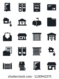 Set of vector isolated black icon - book vector, store, container, mail, folder, document, mailbox, home control, jalousie, garage gate, door, storefront