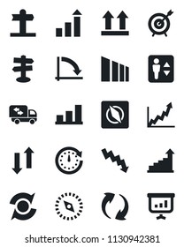 Set of vector isolated black icon - elevator vector, growth statistic, crisis graph, signpost, up side sign, sorting, update, data exchange, compass, bar, moving, target, clock, presentation