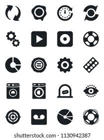 Set of vector isolated black icon - ticket office vector, washer, gear, circle chart, stamp, pills blister, play button, rec, update, record, eye id, pie graph, target, clock, crisis management