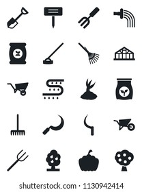 Set of vector isolated black icon - garden fork vector, shovel, farm, rake, wheelbarrow, watering, sproute, hoe, sickle, plant label, pumpkin, greenhouse, fertilizer, drip irrigation, fruit tree